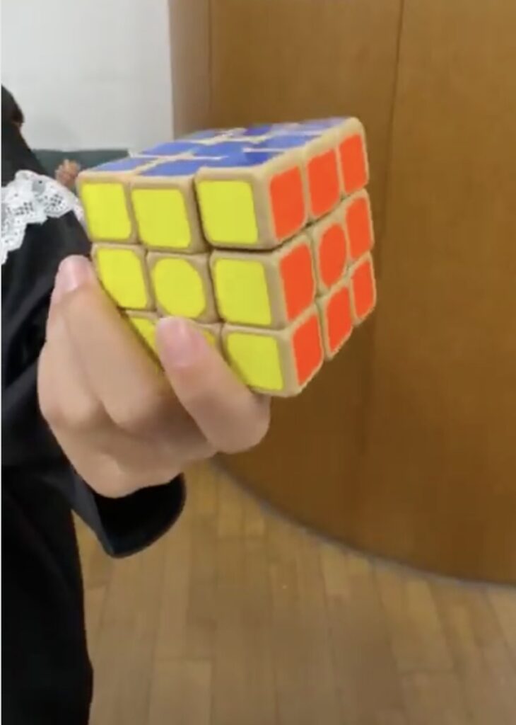弟くんが完成させた木キューブCUBEを見せるお姉ちゃん